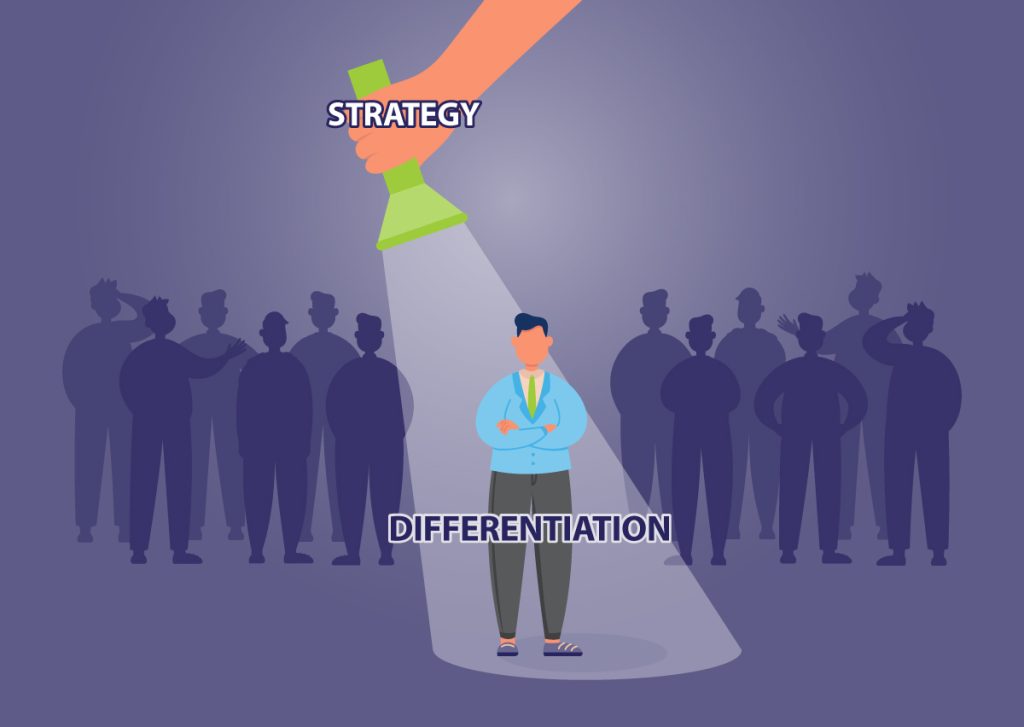 A cartoon image depicting a businessman standing apart from the crowd. A light labeled "strategy" illuminates him. The label across the man says, "differentiation."