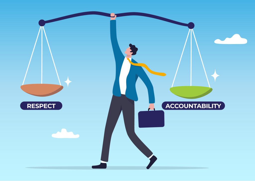Coaching Leaders helps you balance RESPECT and ACCOUNTABILITY. A set of scales show each of those traits on a side with a leader holding them up in the middle in perfect balance.