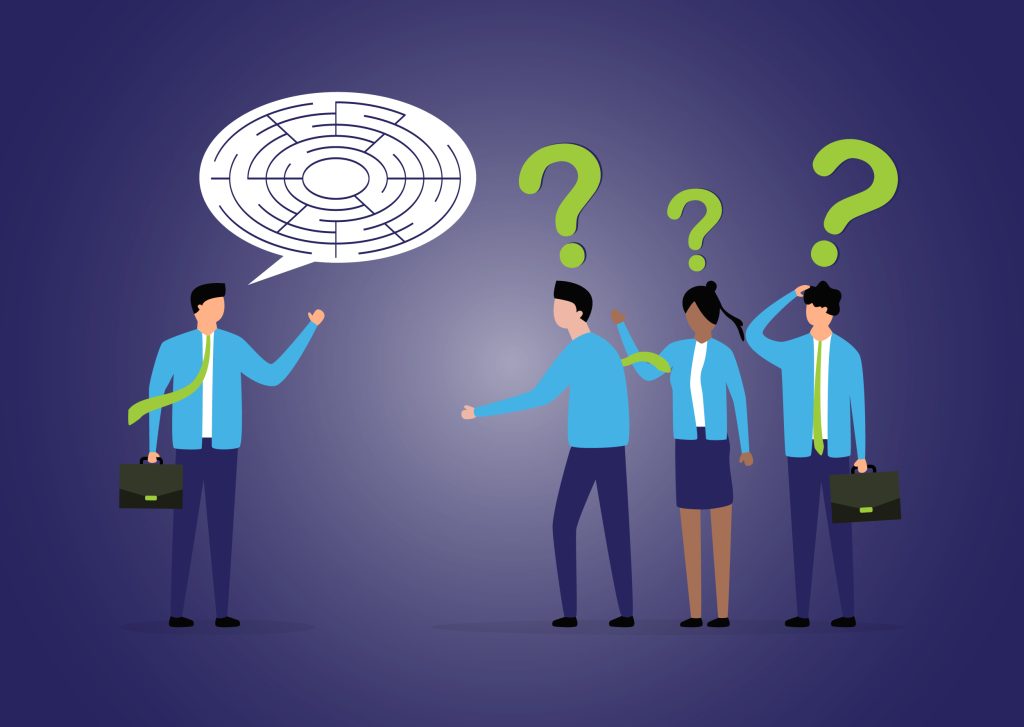 Coaching Leaders: A cartoon image of a poor leader talking to confused employees with question marks above their heads. His speech bubble is actually a maze instead of text.