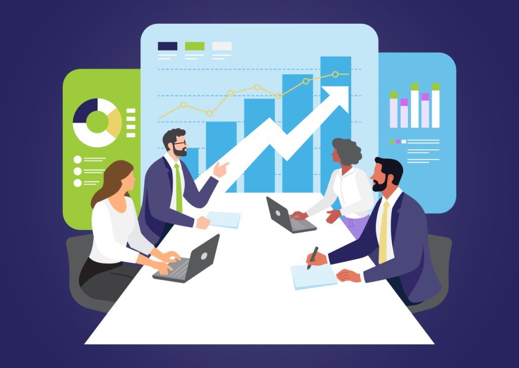 A cartoon image of a team examining huge charts of data in order to make informed decisions for the company.