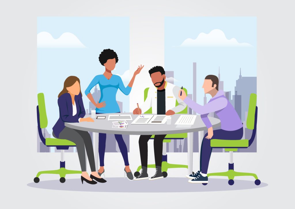 A cartoon image of a consultant sitting at a table with a team of executives as they talk to her about their business.