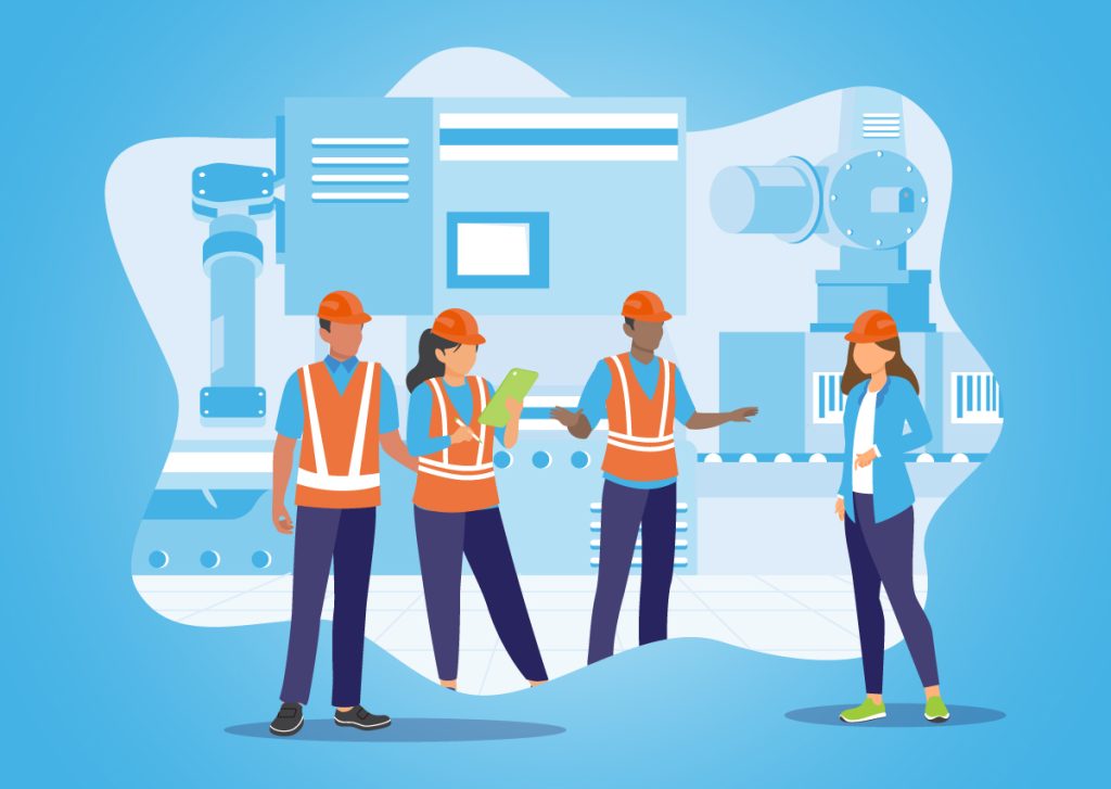 A cartoon image of a woman observing workers in a factory setting to determine what work needs to get done to right-size the company.