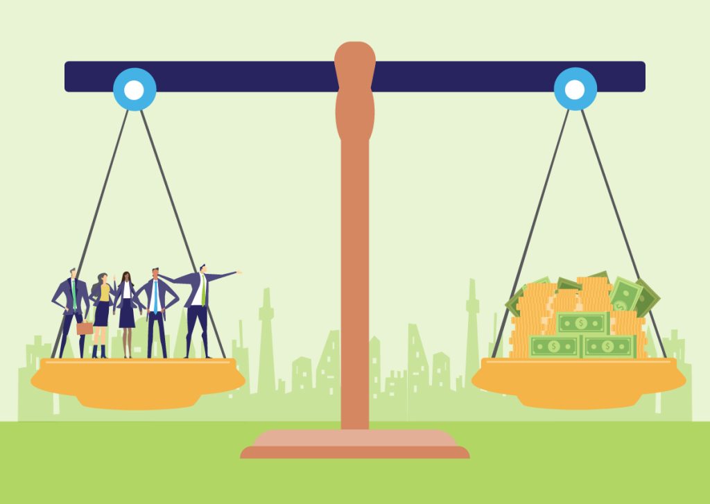 A cartoon image of a scale with employees on one side and a pile of cash on the other, illustrating the careful balance to maintain when right-sizing an organization.
