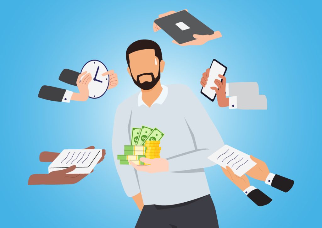 A cartoon image of a very stressed manager trying to deal with competing demands for limited funds as he ponders right-sizing the company.