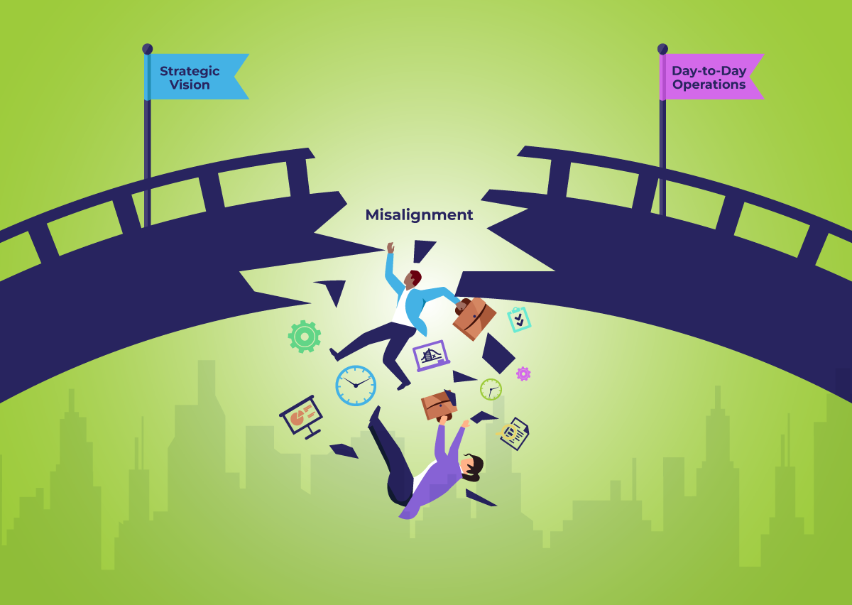 A bridge is broken in the middle and business executives have fallen through this hole, but they were clearly trying to cross from one side to the other. One side is labeled
