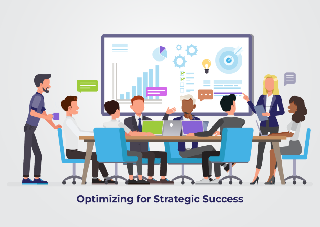 This is a decorative image showing a diverse team of managers all standing or sitting around a table discussing how they will optimize the business for strategic success.
